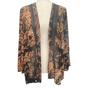Soft Surroundings Silky Black/Gold Print Lace Trim Caftan L
